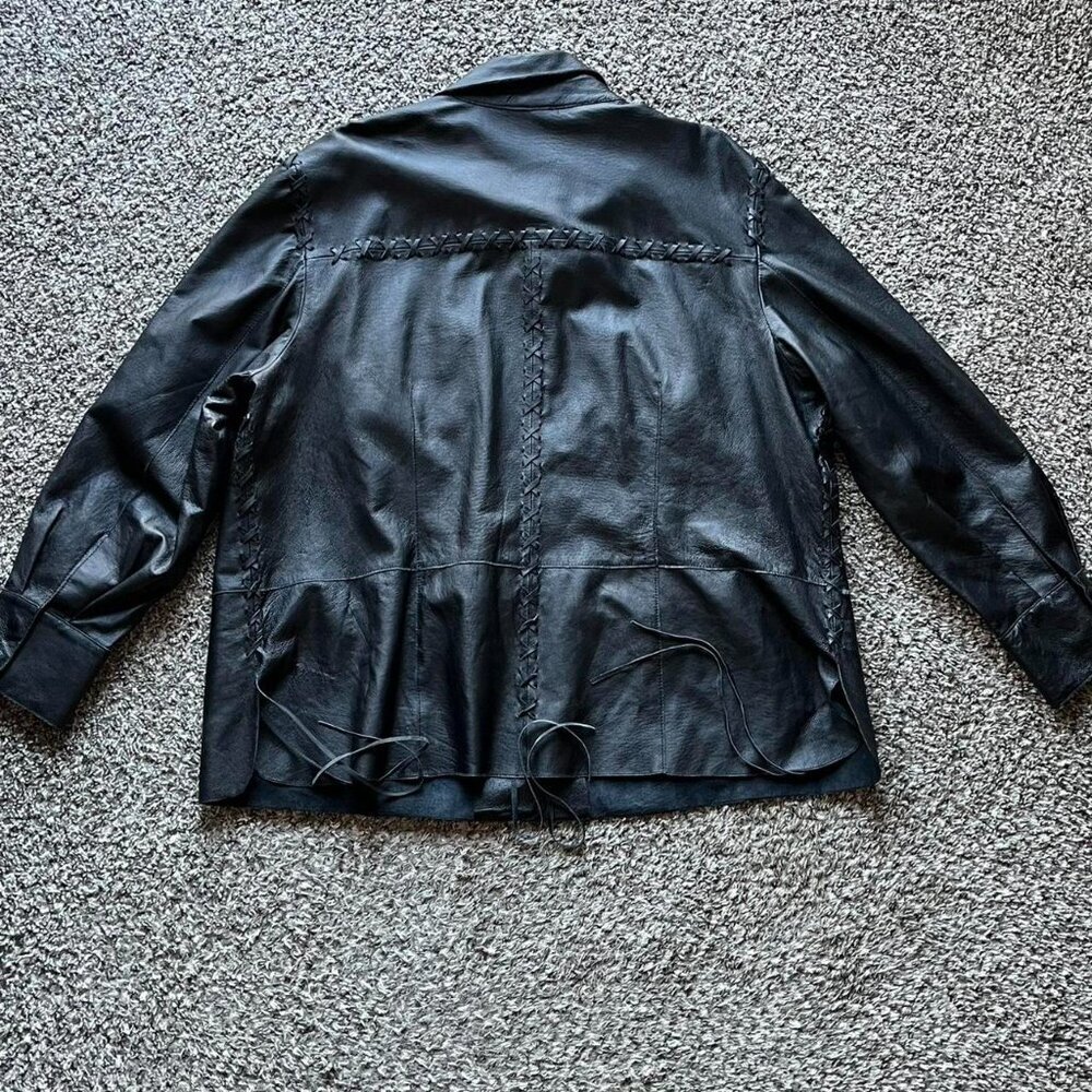 Vintage Newport News Black Genuine Leather Jacket Women 26W Fringe Lace Up Biker - Picture 5 of 8